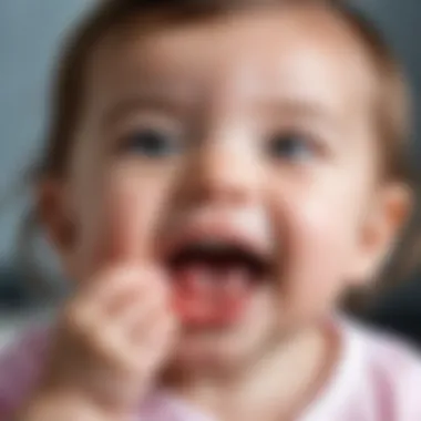 A close-up of a teething baby girl showing her gums