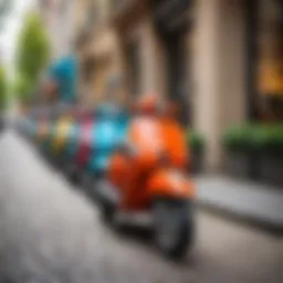 A vibrant city scene showcasing different scooter models parked along a sidewalk