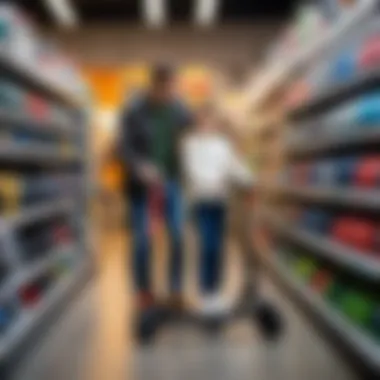 A parent and child selecting a scooter in a store, demonstrating the purchasing process