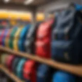 Different types of school backpacks displayed in a store