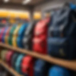 Different types of school backpacks displayed in a store