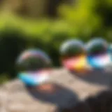 Colorful soap bubbles floating in sunlight