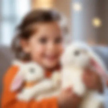 A child holding a plush bunny with a look of joy