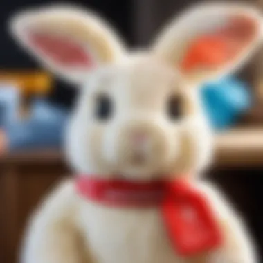 A modern plush bunny with safety certifications displayed