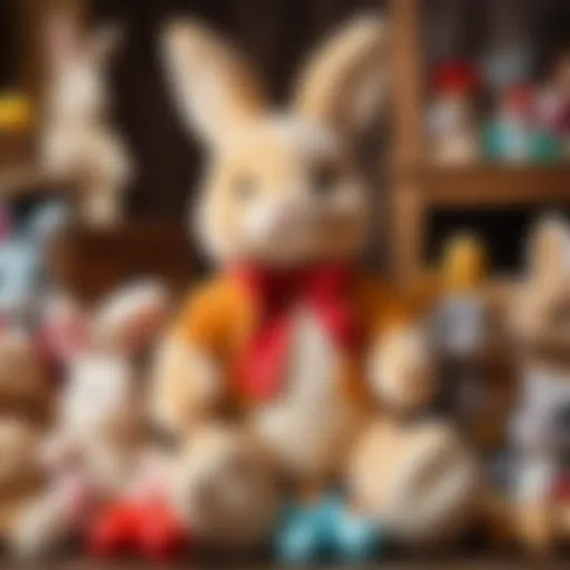 A vintage plush bunny surrounded by children's toys