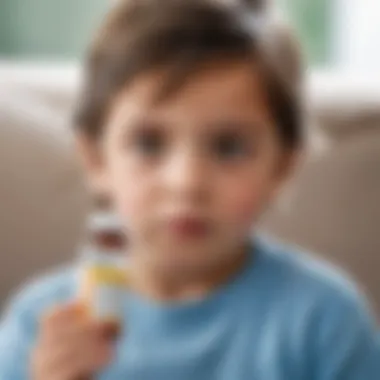 A child holding a bottle of antibiotics with a concerned expression