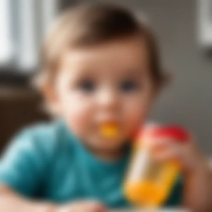 A toddler happily drinking from a sippy cup