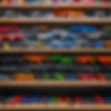 A colorful array of toy weapons displayed on a shelf, showcasing their variety and design.