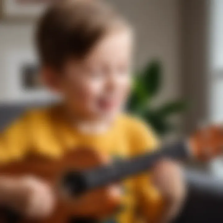 Close-up of a child playing a ukulele with joy.