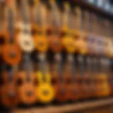 A collection of ukuleles displayed in a music shop.