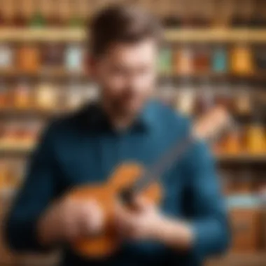 An expert examining the quality of a ukulele.