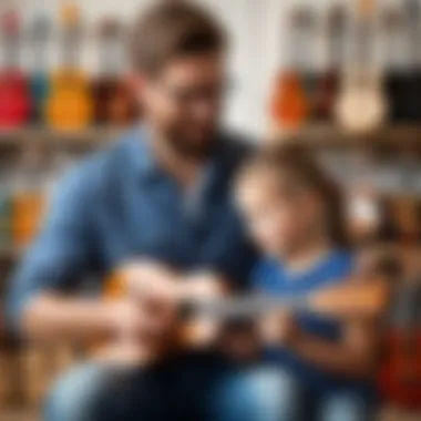 A parent and child selecting a ukulele together.