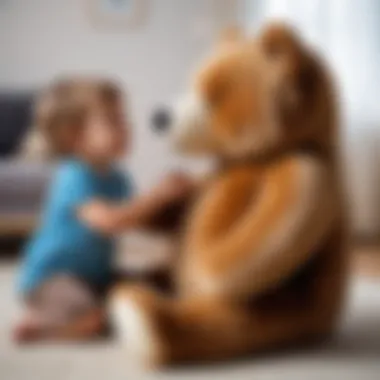 Child happily playing with a large plush bear