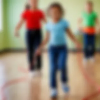 A classroom setting with children using jump ropes as educational tools