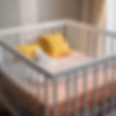 An organized display of essential accessories for cribs, including bedding and safety items.