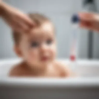 Parent using a thermometer to check water temperature