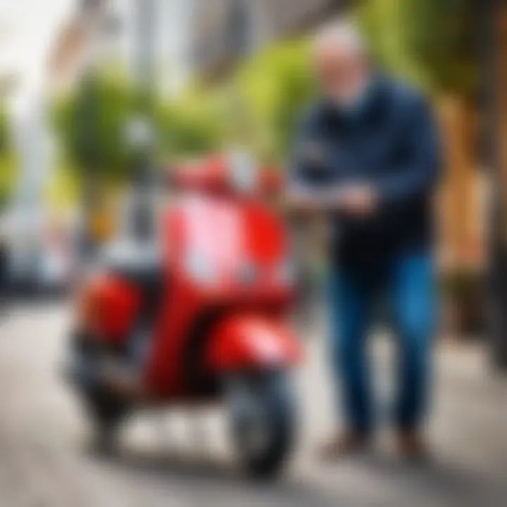 A parent inspecting a scooter for maintenance, emphasizing the importance of upkeep.