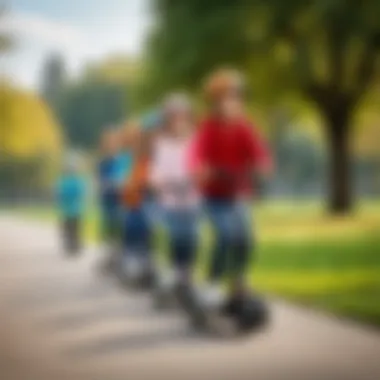 A group of children riding scooters in a park, illustrating the joy and popularity of scooters.