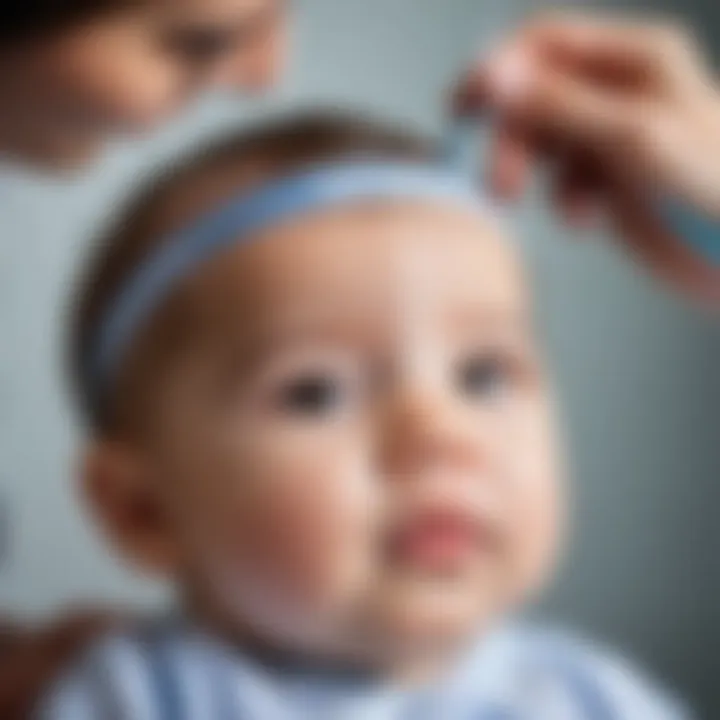 Close-up of a pediatrician measuring an infant's head circumference with a measuring tape.