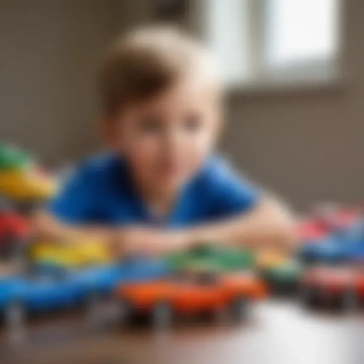 A child engaged in imaginative play with toy cars, demonstrating their role in development