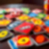 Colorful Uno cards laid out on a table