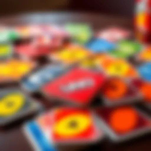 Colorful Uno cards laid out on a table