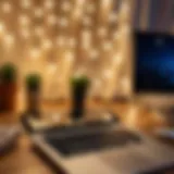 Close-up of USB fairy lights illuminating a cozy room