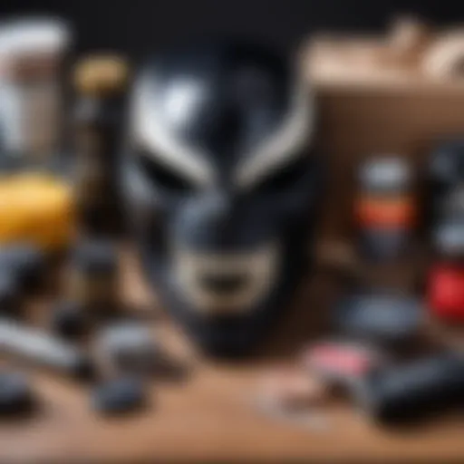 Materials for creating a Venom mask arranged on a table