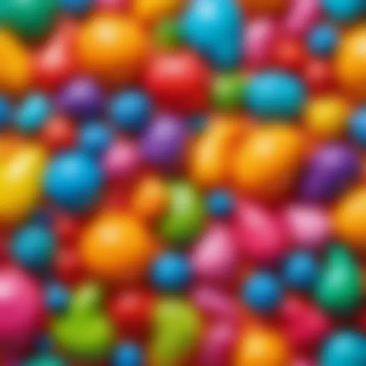 Close-up of vibrant slimes in various shapes and colors