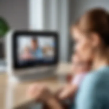 Guardian observing child through monitor Parent using a baby monitor to check on their child