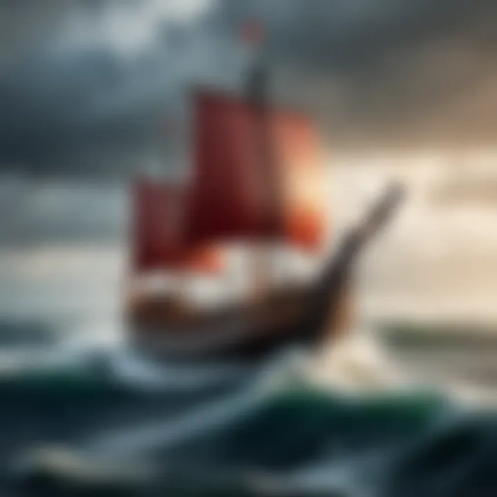 An artistic representation of a drakkar in full sail navigating through stormy waters.