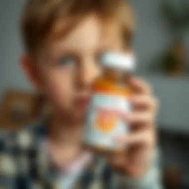 Child holding a vitamin D3 supplement bottle