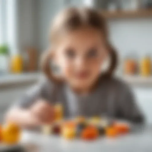 Child taking vitamins in a bright kitchen