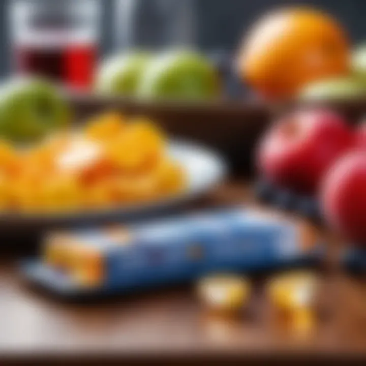 Close-up of Vitrum vitamins on a table with fruits