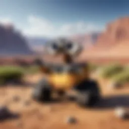 WALL-E in a desolate landscape, showcasing his character design and environment.