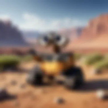 WALL-E in a desolate landscape, showcasing his character design and environment.