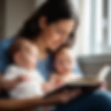 A caregiver reading a book to an infant.