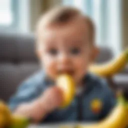 A baby happily exploring a banana in a nibler.