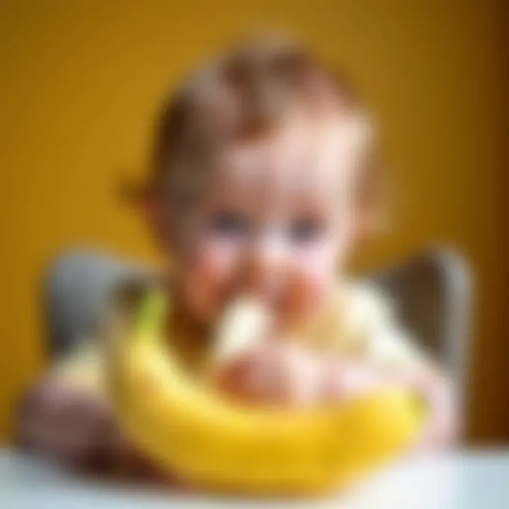 A curious baby exploring a banana in a nibble feeder