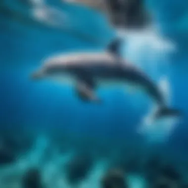 A serene underwater scene with a dolphin swimming