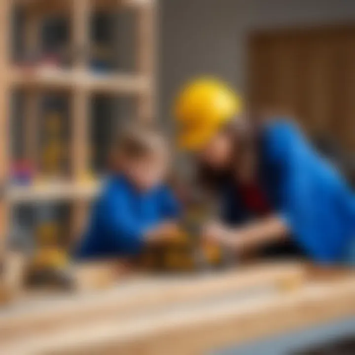 Parent guiding a child in a construction playset