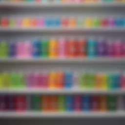 Colorful slime activator bottles arranged on a shelf