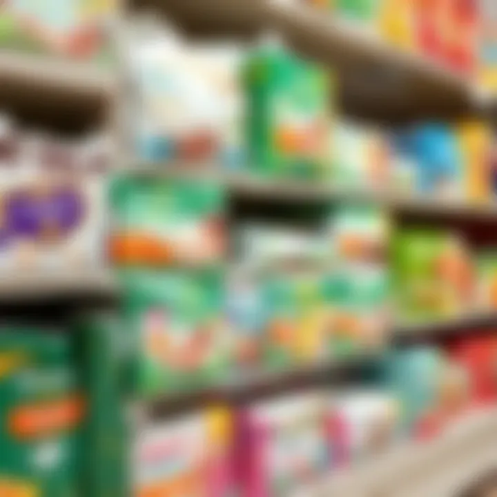 A variety of affordable baby diapers displayed on a shelf