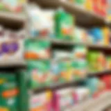 Affordable Baby Diapers Selection A variety of affordable baby diapers displayed on a shelf