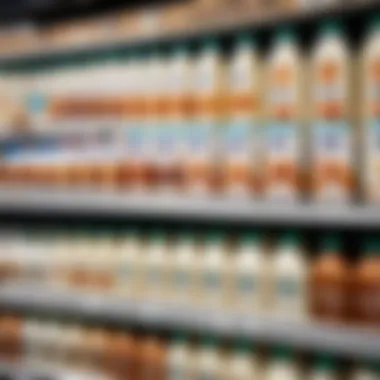 A variety of almond milk brands displayed on a supermarket shelf