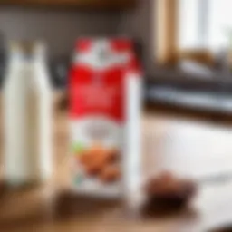 A carton of almond milk placed on a wooden kitchen table