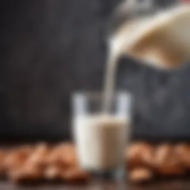 A close-up of almond milk being poured into a glass