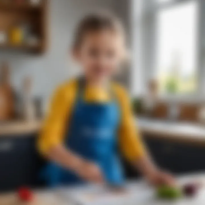 A child happily wearing an apron while crafting