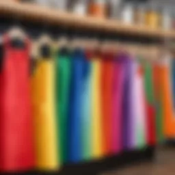 Colorful children's aprons displayed in a store