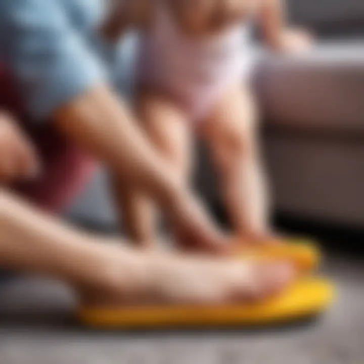 A parent measuring a child's foot for proper slipper size